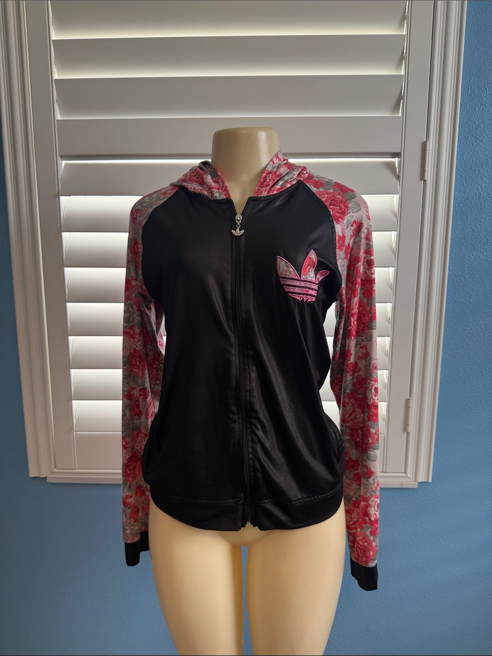 Vintage adidas Black Zip Hoodie with Pink Floral Sleeves. From Belgium 🇧🇪